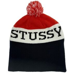 Warm Vintage Stüssy Ski Pom Beanie Hat Red White Black Helvetica Logo